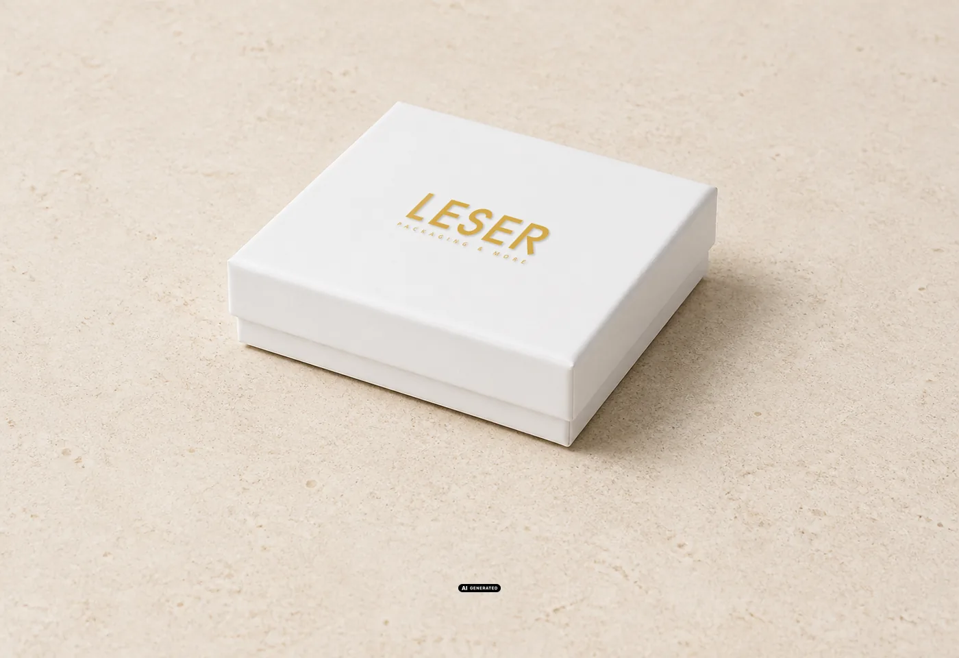 Geschlossene weiße LESER Schmuckschachtel mit goldener Heißfolienprägung des LESER Logos auf dem Deckel