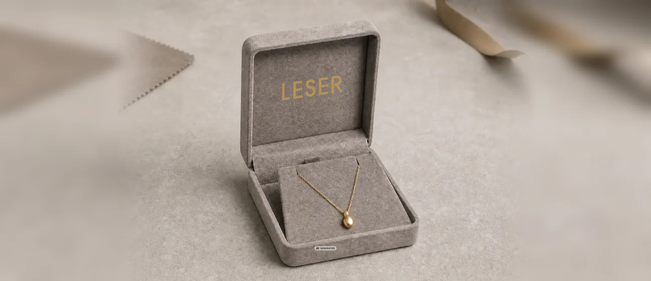 Kettenetui der LESER Serie 5880 Alors in Taupe mit Goldkette und LESER Logoprägung auf der Deckelinnenseite