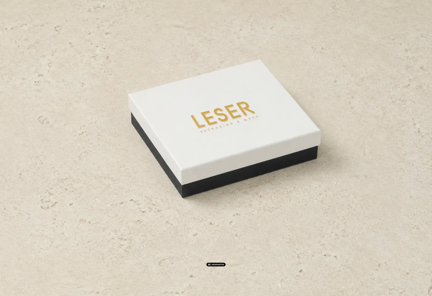 Deckel einer Schmuckschachtel aus Karton mit Logoprägung, im Streiflicht aufgenommen