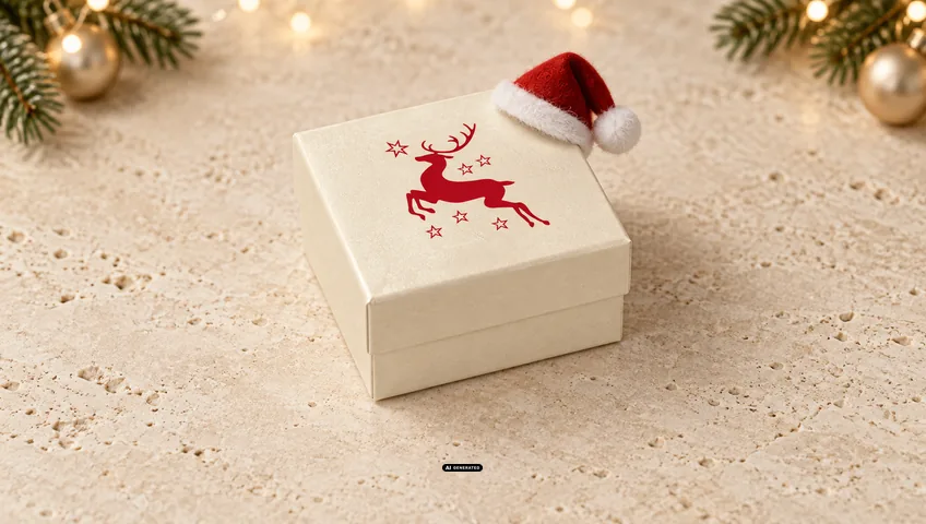 LESER Schmuckschachtel 0230 PLAIN creme mit dem Weihnachtsmotiv DEER in Rot und einer kleinen Weihnachtsmütze auf der Deckelecke