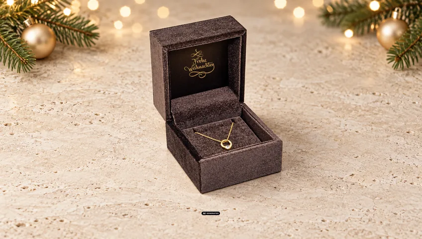 LESER Schmucketui 6430 VELVET LUXE in Dunkelbraun mit Weihnachtsmotiv GREETINGS in Gold innen im Deckel