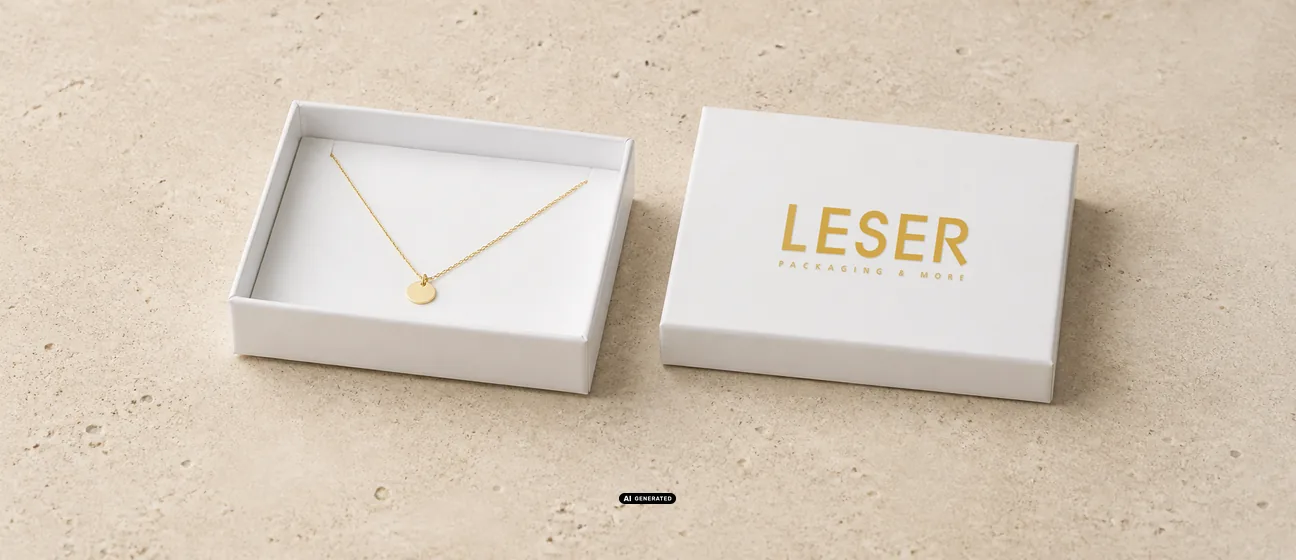 Weiße LESER Schmuckschachtel der Serie 0230 PLAIN mit Kettenauflage, die Kette liegt exakt in der Auflage