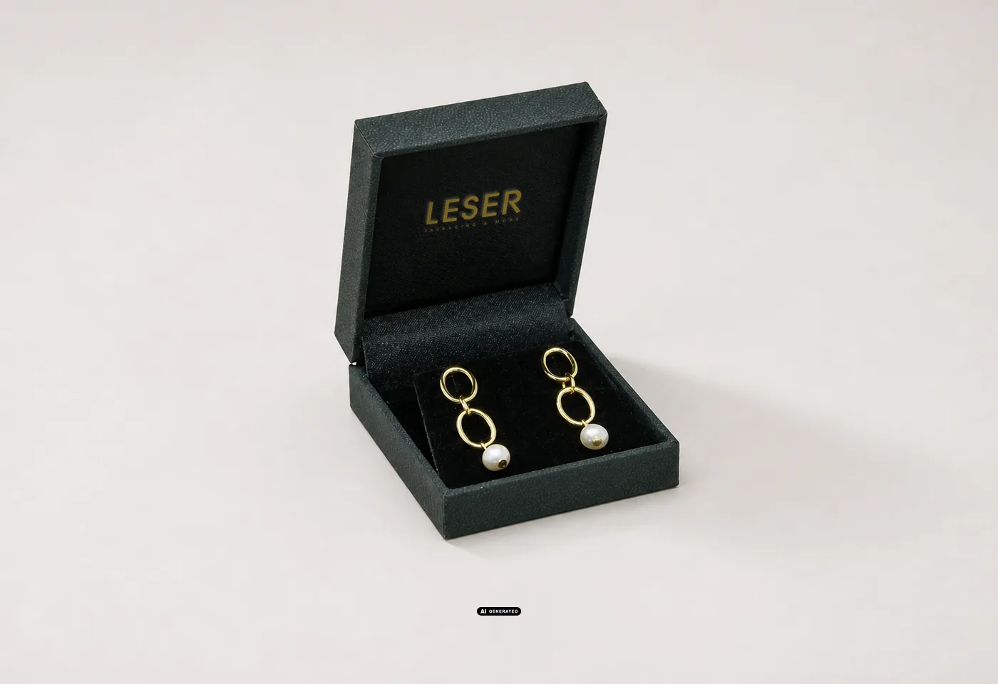 Deckel eines LESER Schmucketuis mit goldener Heißfolienprägung des LESER Logos