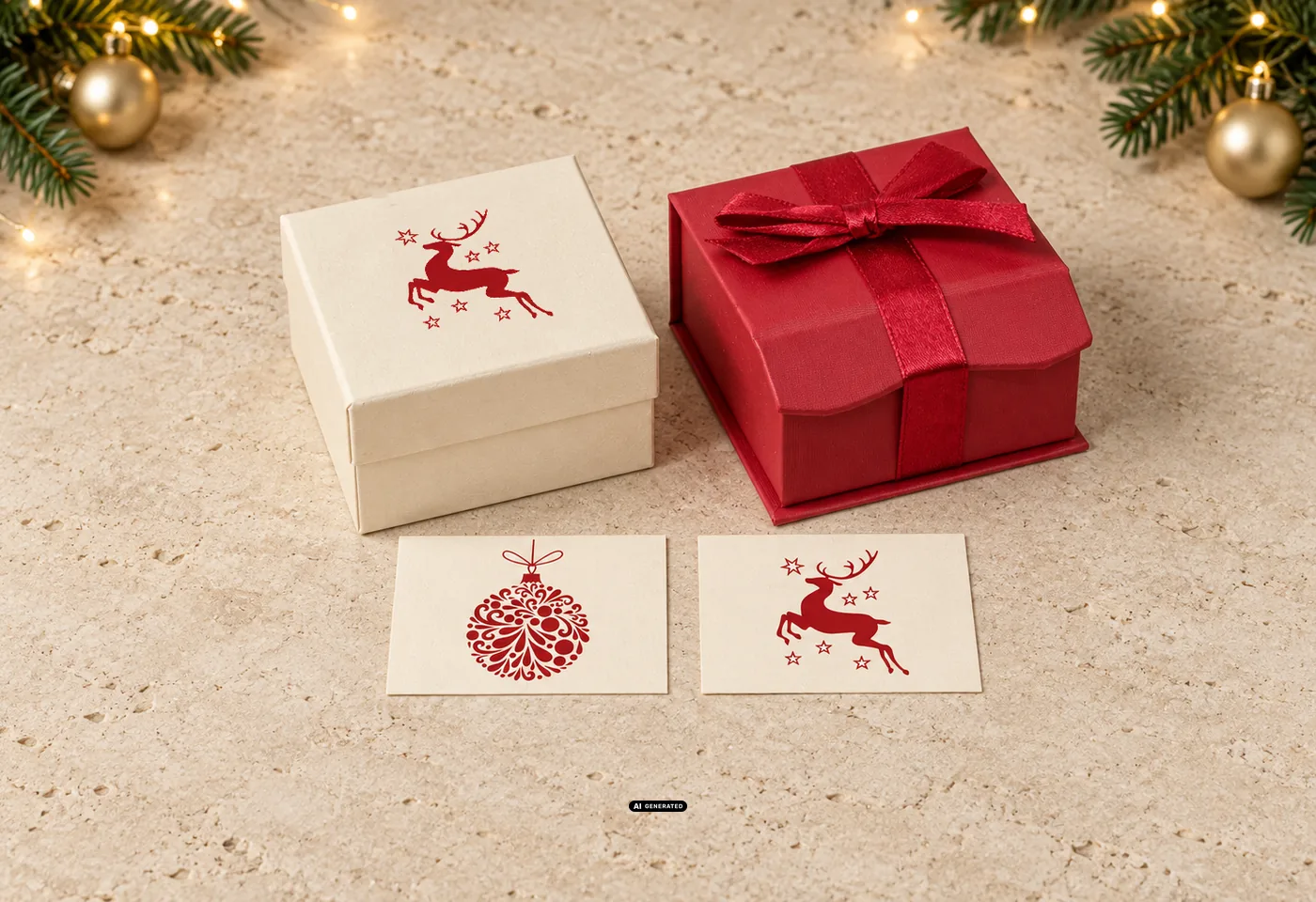 LESER Schachtel 0230 PLAIN mit Motiv DEER, Etui 0275 CELEBRATION mit Schleife und Musterkarten mit Weihnachtsmotiven