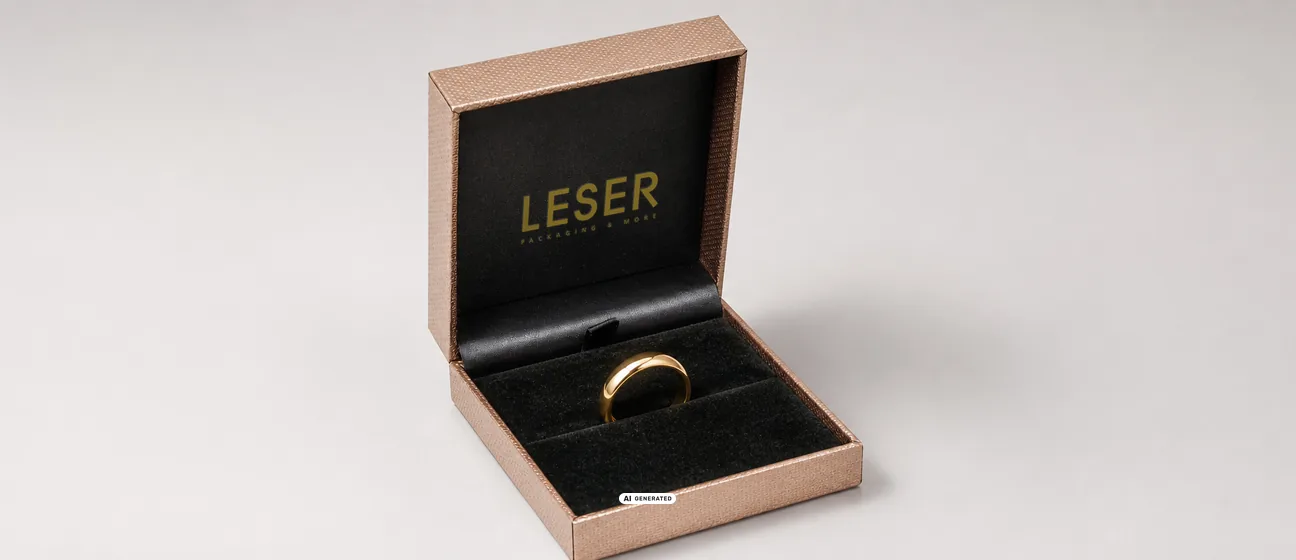 Schmucketui von LESER mit Goldprägung auf dem Deckel, der Ring sitzt sauber im Inlay