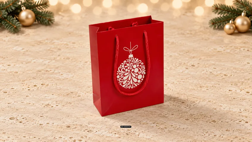 LESER Papiertragetasche in Rot mit Weihnachtsmotiv BAUBLE in Weiß auf der Vorderseite