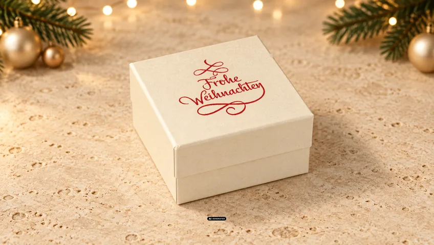 LESER Schmuckschachtel 0230 PLAIN creme mit dem Weihnachtsmotiv GREETINGS in Rot