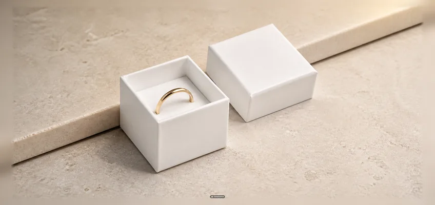 Ringschachtel aus Karton mit Ring im Schlitz, geöffnet und geschlossen